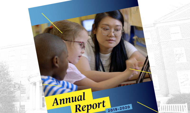 Annual Report cover image of elementary school teacher and students