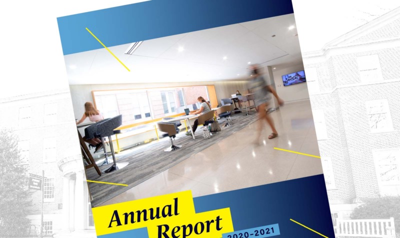 UNC School of Education Annual Report 2020-2021 cover with students in Tarver Entryway of Peabody Hall