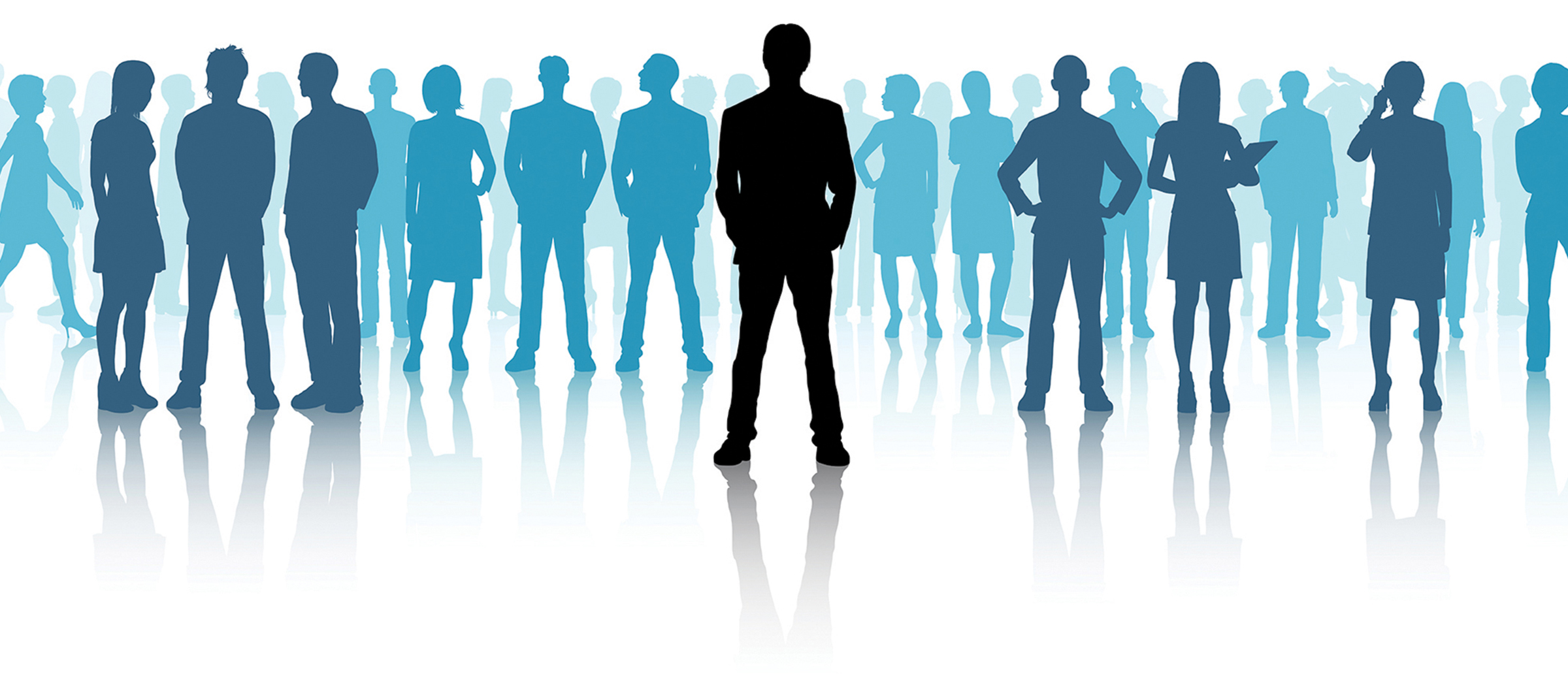 Illustration of a line of people sillouetted on white background