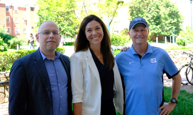UNC School of Education professor Jeff Greene, Ph.D., sports administration professor Erianne Weight, Ph.D., and UNC Women’s Soccer coach Anson Dorrance.