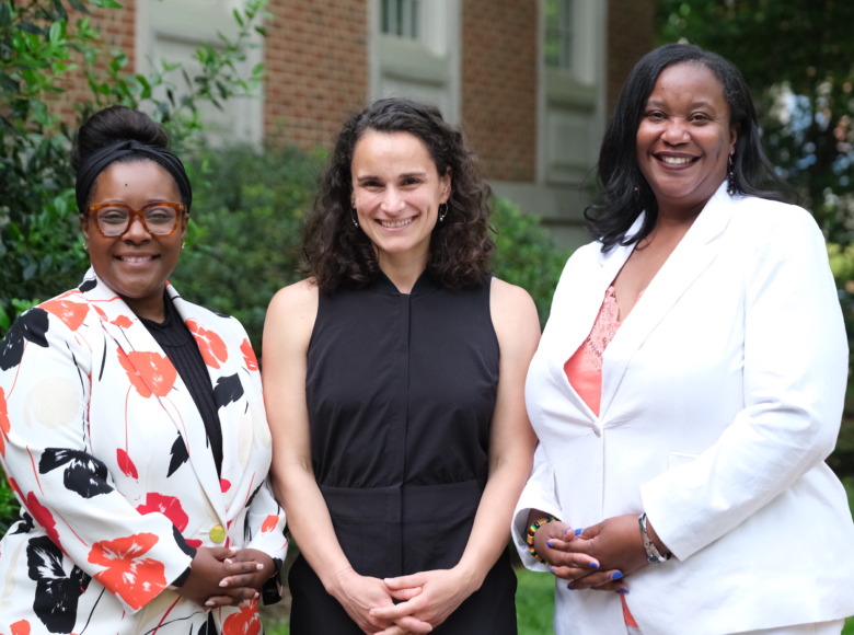 Group photo outside Peabody Hall, left to right, Constance Lindsay, Marisa Marraccini, and Dana Griffin.