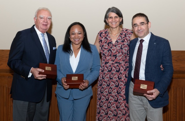 Photo of 2024 Alumni Award recipients with interim Dean Jill Hamm. Pictured left to right: Mike Priddy, Danielle Parker Moore, Jill Hamm, and Fouad Abd-El-Khalick.