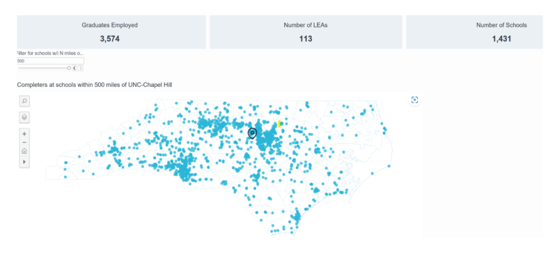North Carolina map with dots indicating location of UNC-Chapel Hill graduates in educator roles in public schools