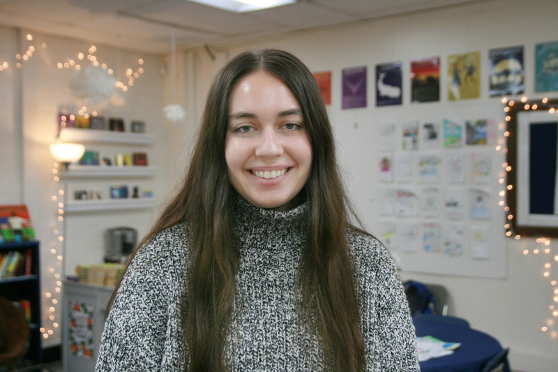 Portrait of MAT alumna Lauren Oliver in her classroom at Culbreth Middle School in Chapel Hill, North Carolina.