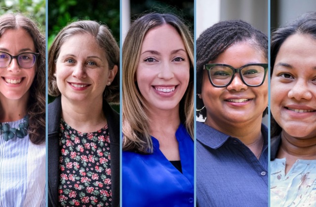 Collage image of new faculty members, Megan Duff, Ph.D., Megan Hyland Tajlili, Ph.D., Jessica Rodrigues, Ph.D., Tiffany Wiggins, Ph.D., and Zarifa Zakaria, Ph.D.