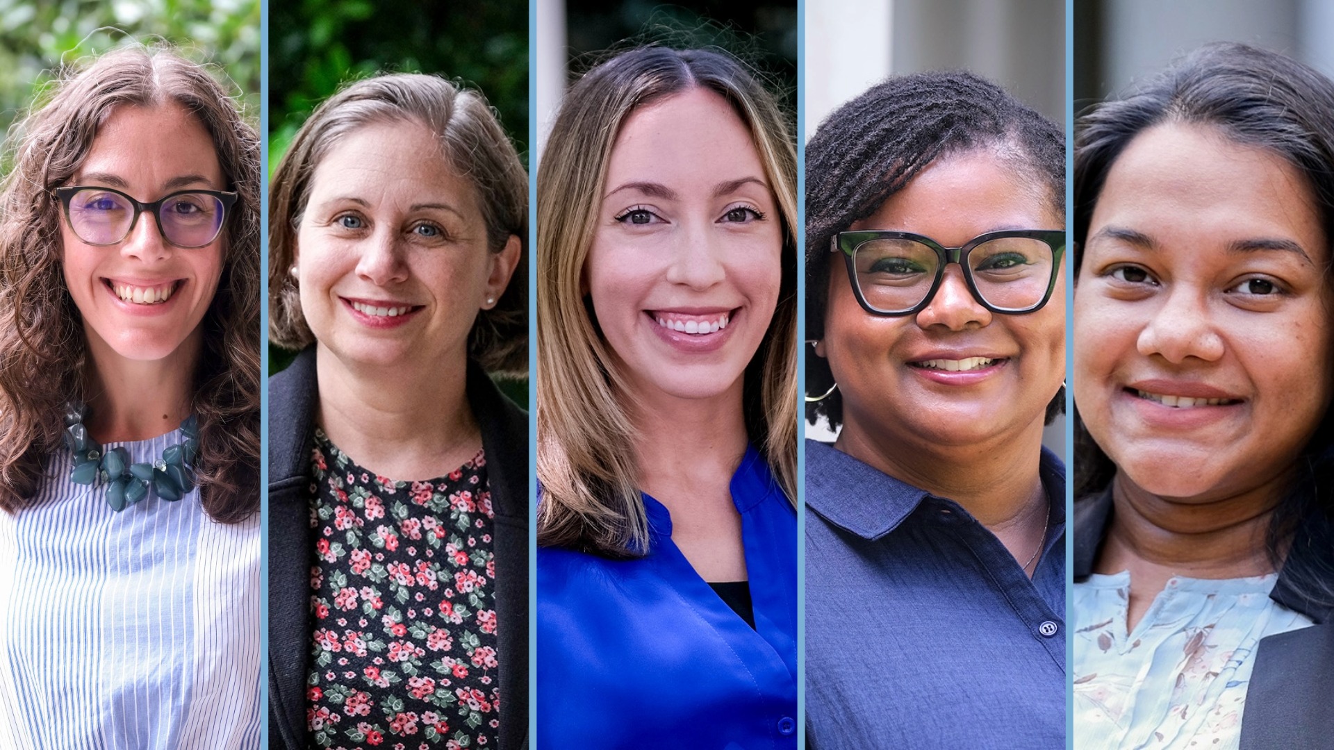 Collage image of new faculty members, Megan Duff, Ph.D., Megan Hyland Tajlili, Ph.D., Jessica Rodrigues, Ph.D., Tiffany Wiggins, Ph.D., and Zarifa Zakaria, Ph.D.