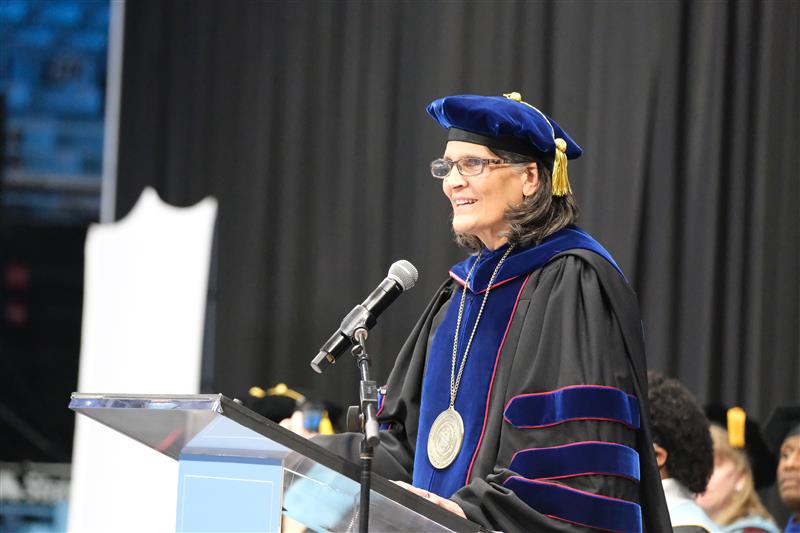Jill Hamm addresses graduates and families at the UNC School of Education's graduation ceremony May 10, 2025.