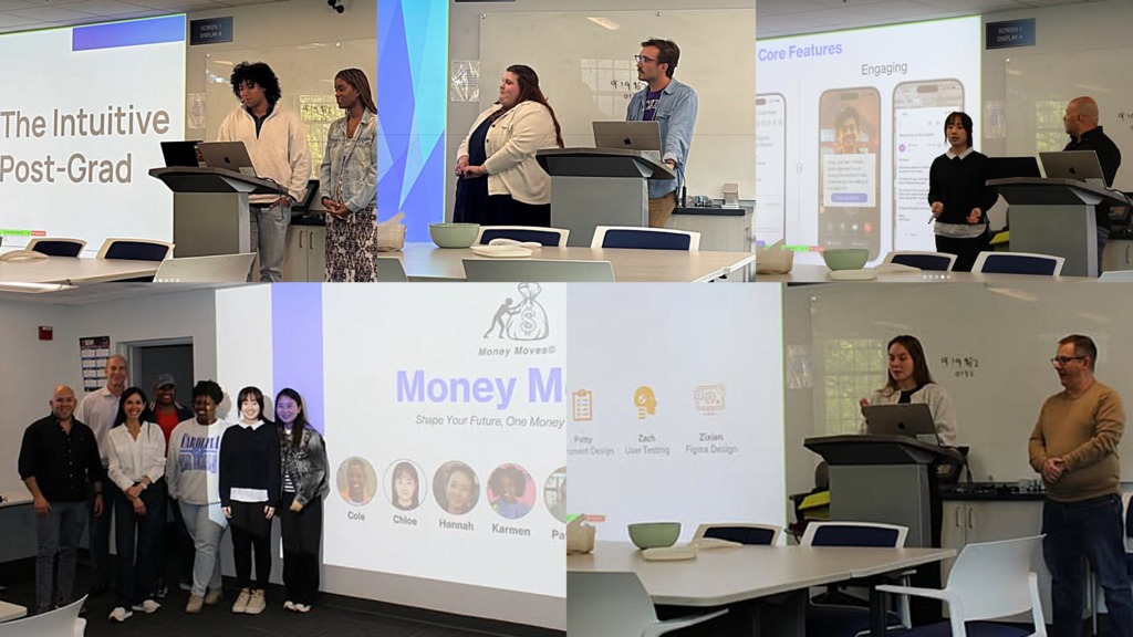 Collage image of MEITE students presenting findings that they contributed to the Intuit for Education project and case study.