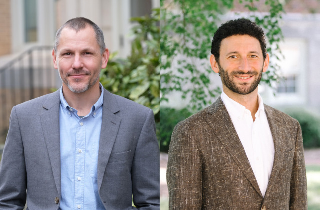 Side-by-side image of faculty members Thad Domina, left, and Ethan Hutt, right, both pictured outside on the UNC-Chapel Hill campus