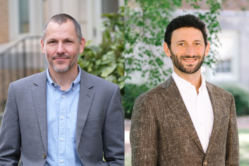 Side-by-side image of faculty members Thad Domina, left, and Ethan Hutt, right, both pictured outside on the UNC-Chapel Hill campus