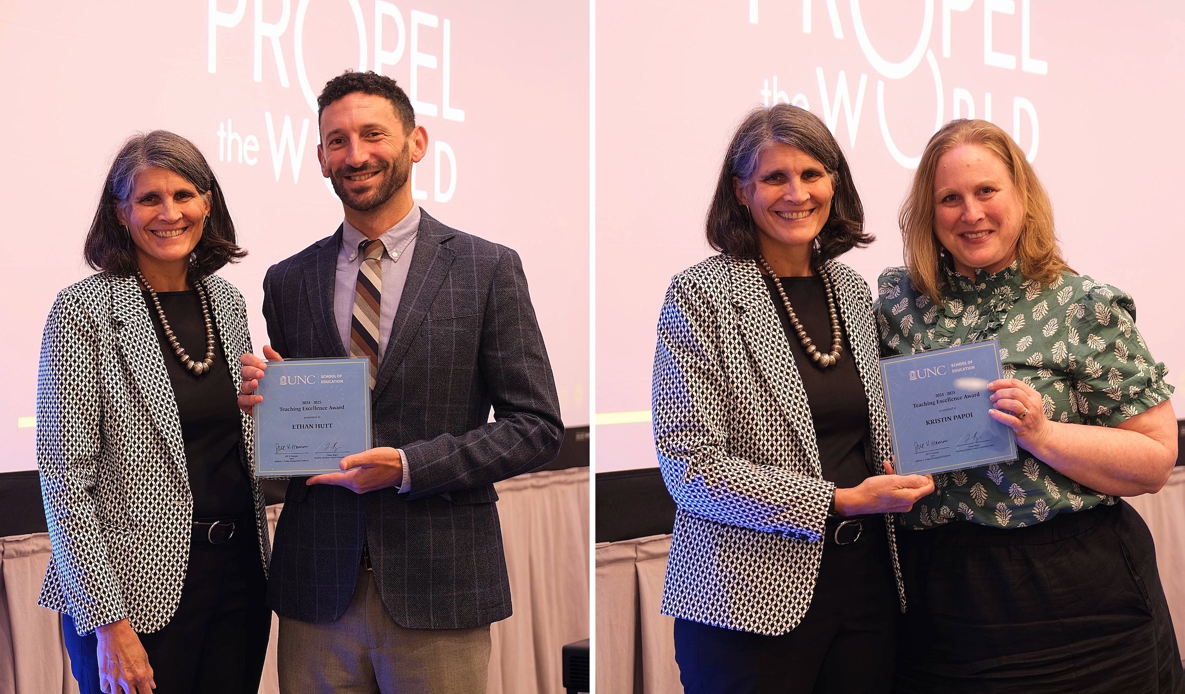 A collage featuring two photos. On the left, Jill V. Hamm stands beside Ethan Hutt. On the right, Jill V. Hamm stands beside Kristin Papoi.