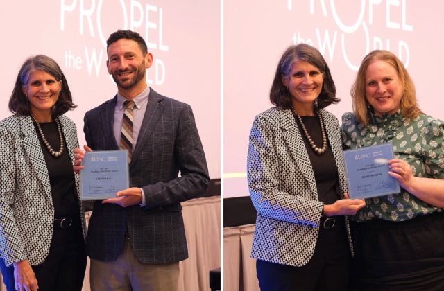 A collage featuring two photos. On the left, Jill V. Hamm stands beside Ethan Hutt. On the right, Jill V. Hamm stands beside Kristin Papoi.