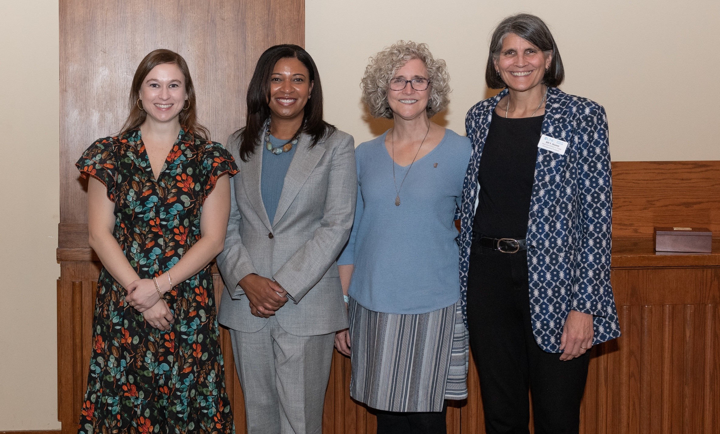 From left: Annie Goldberg, Kathlene Holmes Campbell, Jennifer Ritz (accepting on behalf of her father, Willis Padgett Whichard), and Dean Jill V. Hamm at the 2025 Distinguished Alumni Awards Dinner held Saturday, Oct. 18, at the George Watts Hill Alumni Center on the campus of the University of North Carolina at Chapel Hill.