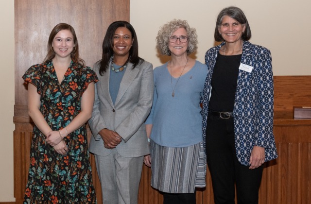 From left: Annie Goldberg, Kathlene Holmes Campbell, Jennifer Ritz (accepting on behalf of her father, Willis Padgett Whichard), and Dean Jill V. Hamm at the 2025 Distinguished Alumni Awards Dinner held Saturday, Oct. 18, at the George Watts Hill Alumni Center on the campus of the University of North Carolina at Chapel Hill.