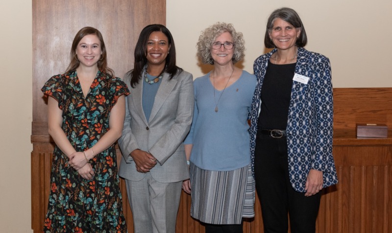 Group photo from left: Annie Goldberg, Kathlene Holmes Campbell, Jennifer Ritz (accepting on behalf of her father, Willis Padgett Whichard), and Dean Jill V. Hamm at the 2025 Distinguished Alumni Awards Dinner held Saturday, Oct. 18, at the George Watts Hill Alumni Center on the campus of the University of North Carolina at Chapel Hill.