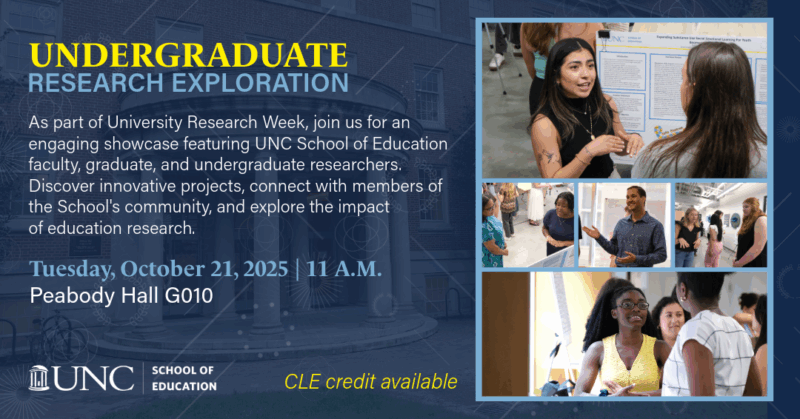 Digital flyer for the UNC School of Education’s Undergraduate Research Exploration event. The background shows the front of Peabody Hall with white columns. Text reads: “As part of University Research Week, join us for an engaging showcase featuring UNC School of Education faculty, graduate, and undergraduate researchers. Discover innovative projects, connect with members of the School’s community, and explore the impact of education research. Tuesday, October 21, 2025 | 11 A.M. | Peabody Hall G010. CLE credit available.” The flyer includes the UNC School of Education logo and photos of students and faculty presenting research posters and engaging in discussion.