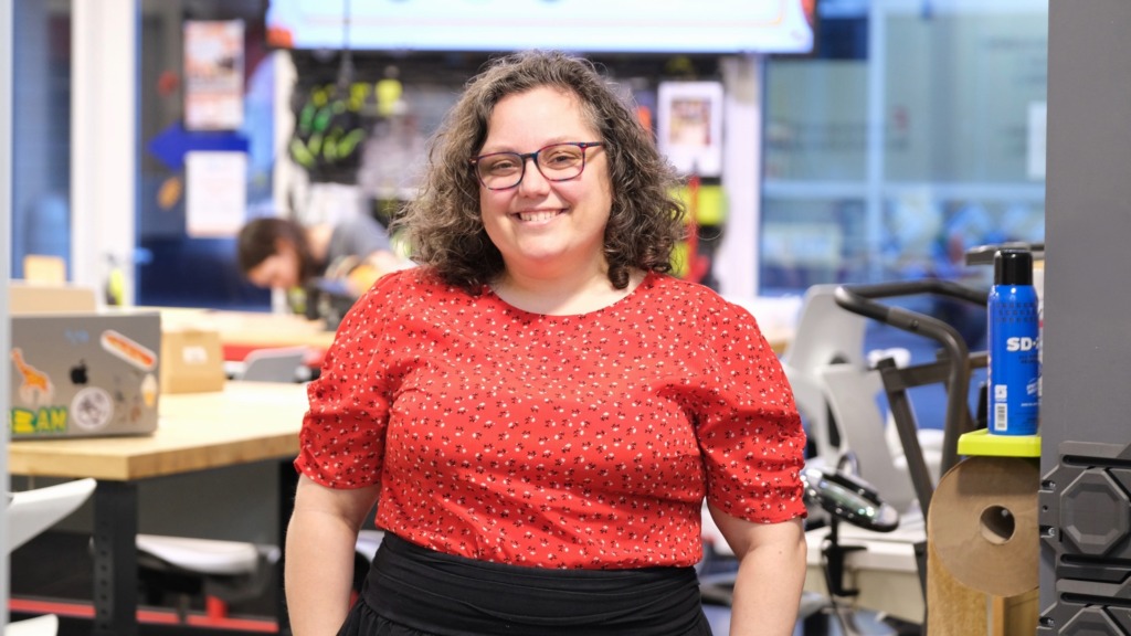Anna Engelke poses in a UNC campus makerspace.