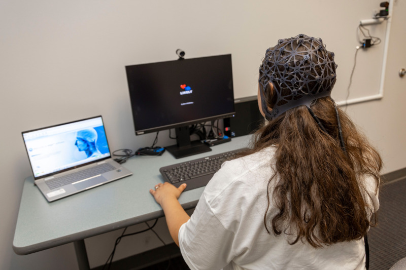 Image of lab assistant sitting at a computer demonstrating research project.