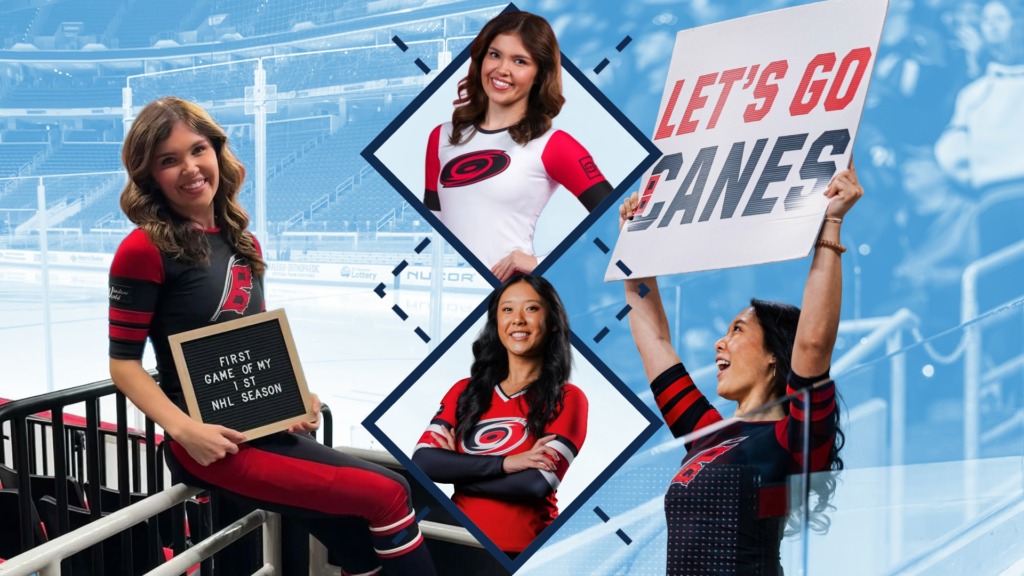 UNC School of Education alums Maya Lin (’23 B.A.Ed.) and Camryn Tuttle (‘26 B.A.Ed.) pose for photos during a Hurricanes game at the Lenovo Center.