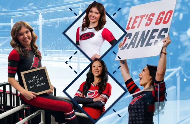 UNC School of Education alums Maya Lin (’23 B.A.Ed.) and Camryn Tuttle (‘26 B.A.Ed.) pose for photos during a Hurricanes game at the Lenovo Center.