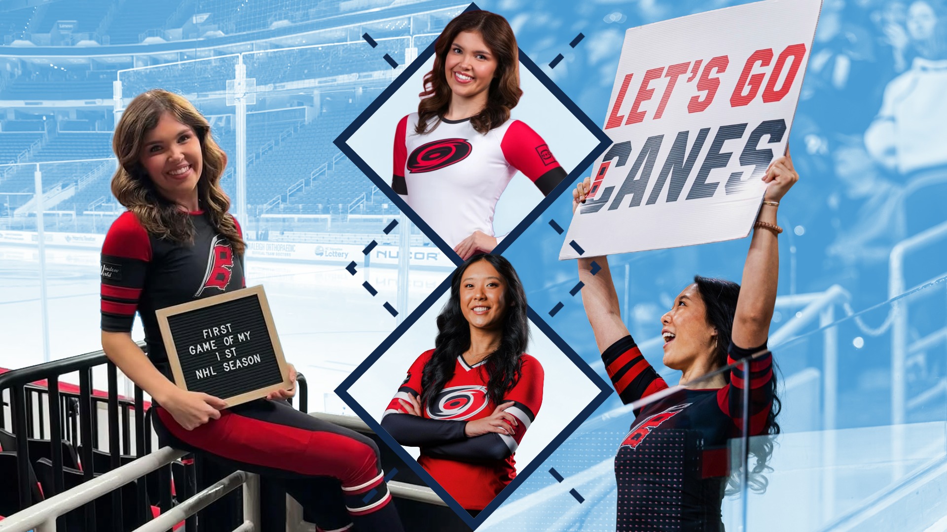 UNC School of Education alums Maya Lin (’23 B.A.Ed.) and Camryn Tuttle (‘26 B.A.Ed.) pose for photos during a Hurricanes game at the Lenovo Center.