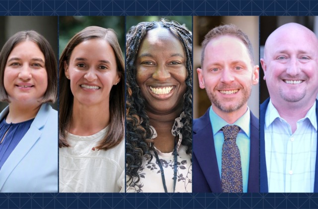 New UNC School of Education faculty members Leonora Kaldaras, Emily Kitching, Adjoa Mensah, Dustin Evatt, and Brad Smith (left to right).