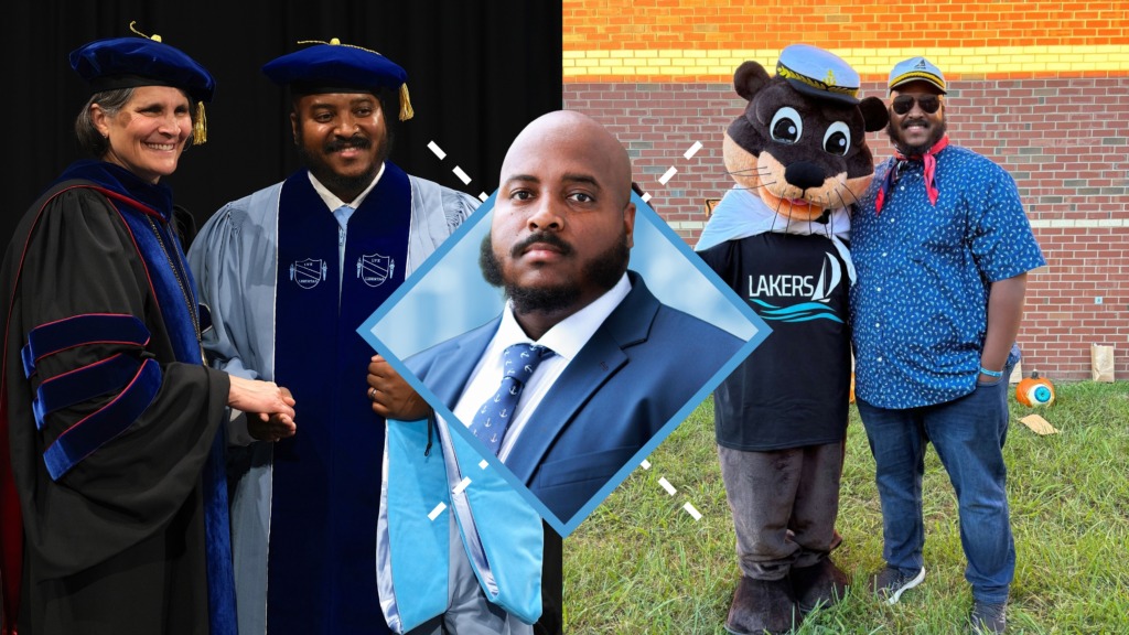 Collage of photos of Dwayne Johnson, including images of him at his school working and photos of him with the dean during his doctoral hooding ceremony.