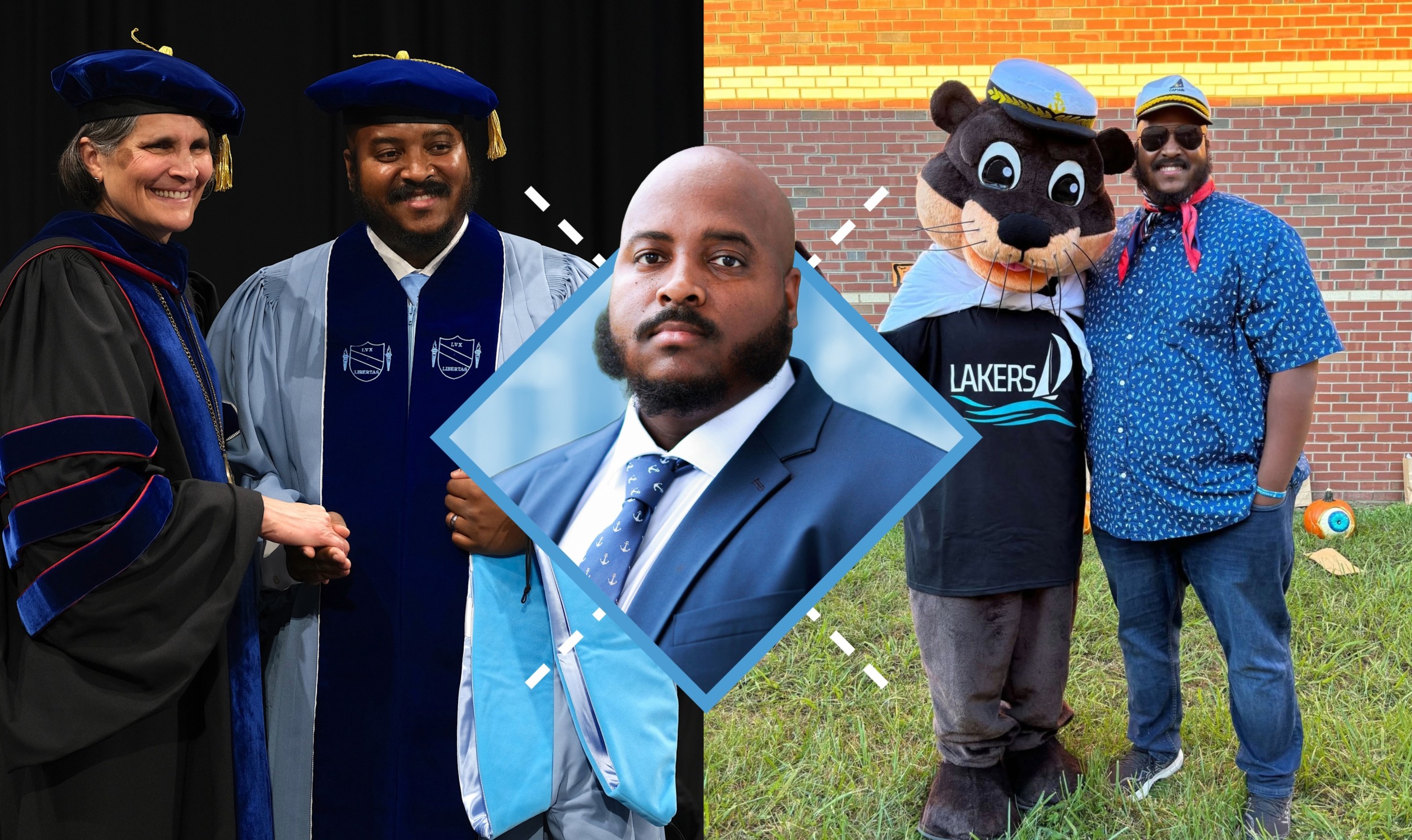 Collage of photos of Dwayne Johnson, including images of him at his school working and photos of him with the dean during his doctoral hooding ceremony.