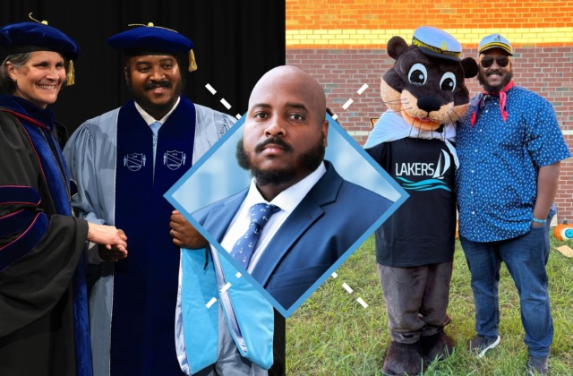 Collage of photos of Dwayne Johnson, including images of him at his school working and photos of him with the dean during his doctoral hooding ceremony.