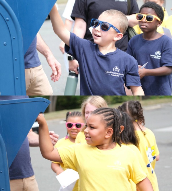 Two photos show Carolina Community Academy students placing letters into a blue mailbox during summer camp.
