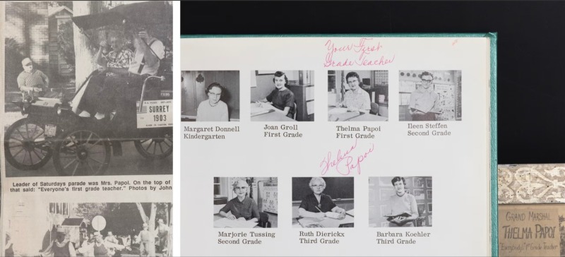 A yearbook spread and newspaper clipping feature photos of Thelma Papoi, Kristin Papoi’s grandmother, including her portrait as a first-grade teacher and an image of her riding in a parade carriage.
