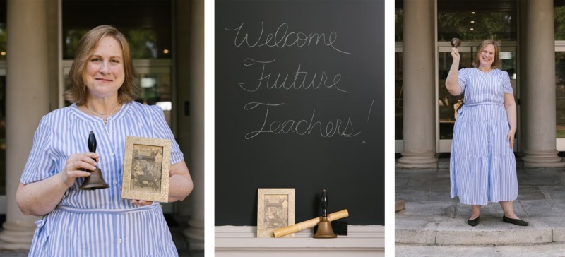 A three-photo collage features UNC School of Education faculty member Kristin Papoi with her grandmother’s school bell and archival photo, a chalkboard reading “Welcome Future Teachers!” beside the bell and framed image, and Papoi ringing the bell outside a campus building.