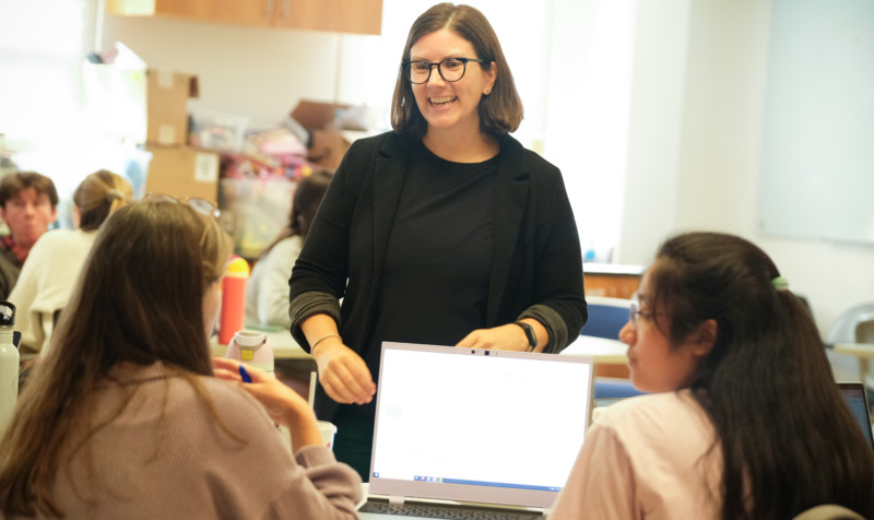 Courtney Hattan, Ph.D., leads a class for students in the Master of Arts in Teaching (MAT) program.