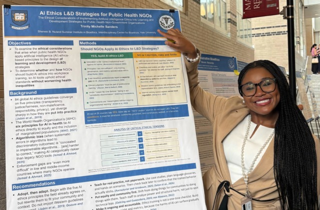 Trinity Sandars with research poster at Yale Bioethics Center