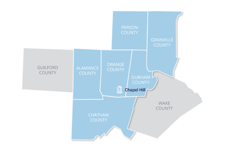 Graphic of counties surrounding Orange County, North Carolina. Counties in blue -- Alamance, Chatham, Durham, Granville, Orange, and Person Counties represent areas with schools where Fellows for Inclusive Excellence may be placed.